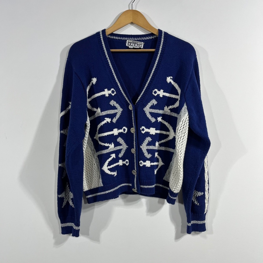 Vintage Bereke Hand Knit Fisherman Anchor Star Cardigan Sweater Womens Medium